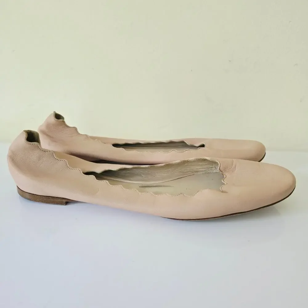 Chloe Lauren Scalloped Leather Ballerina Flats Tan Cream 41 US 10.5